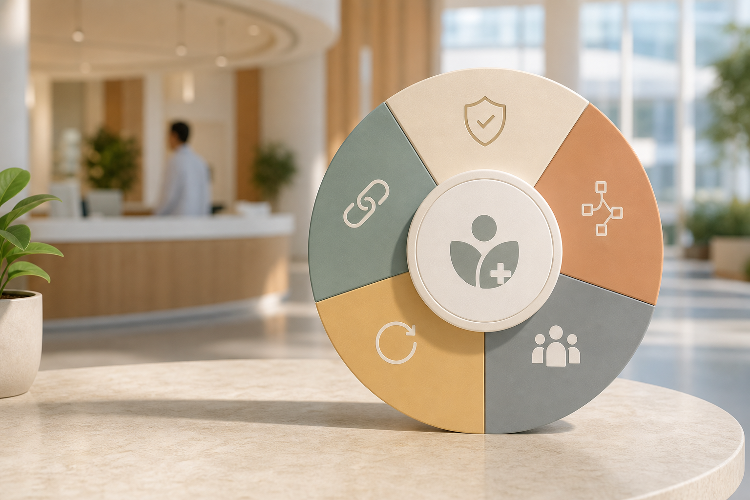 Trust and workflow infographic summarizing compliance, ABHA linking, and AI queue