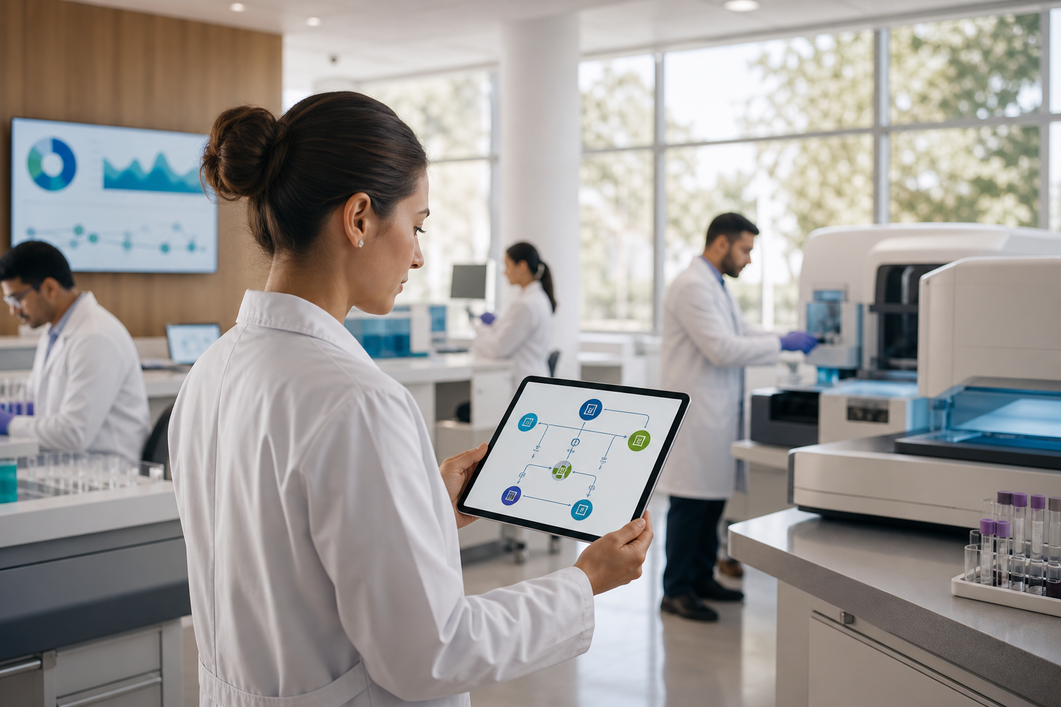 Unified care-flow diagram across lab, pharmacy, radiology, and billing