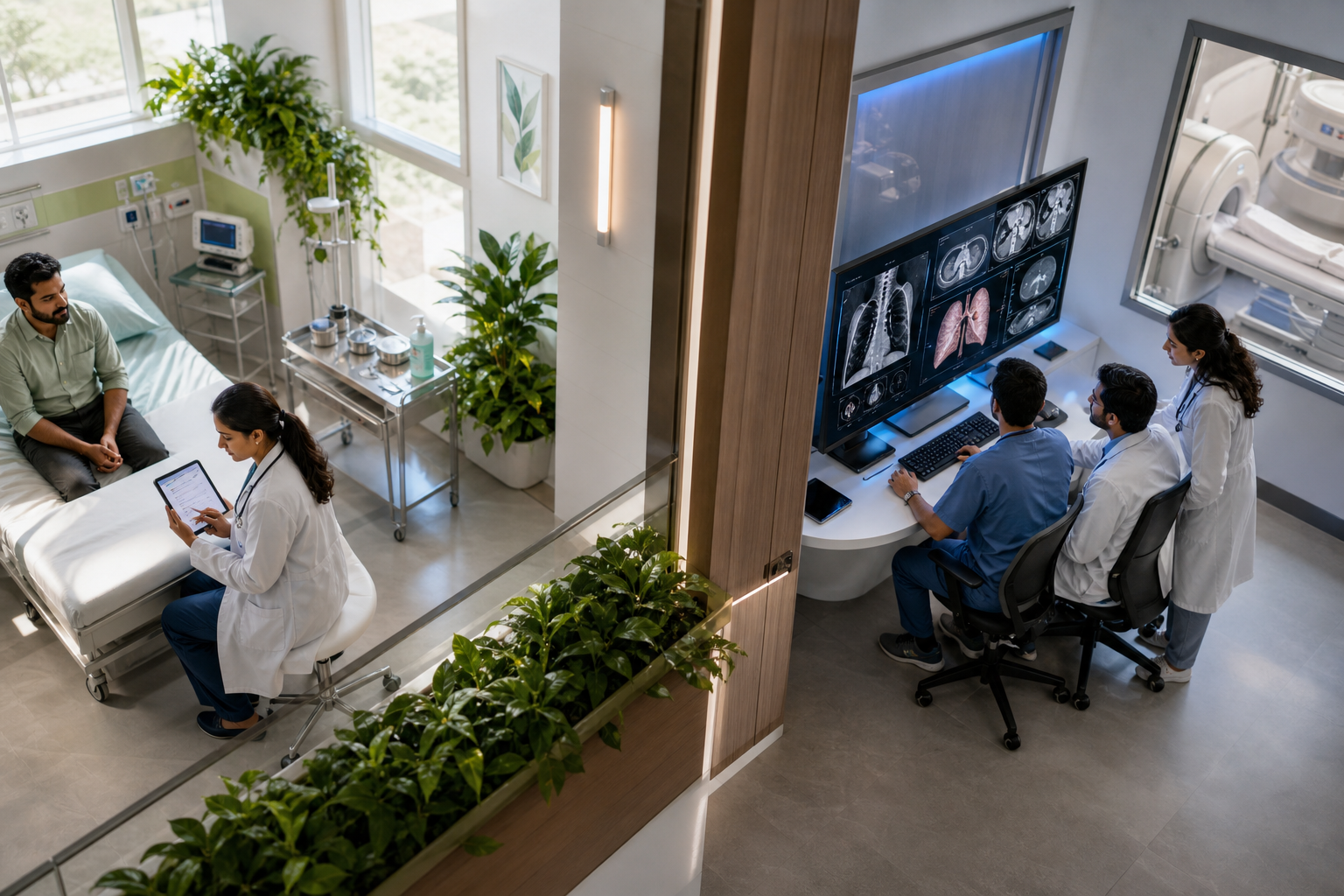 AI agents drafting SOAP notes and radiology with confidence bars